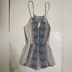 Mudd Size XS Junior Blue White Aztec Strappy Romper with tassels.